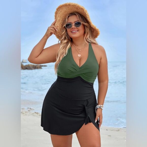 Blooming Jelly green/black Swim Dress Tummy Control Bathing Suits Sz 2X - Picture 1 of 7